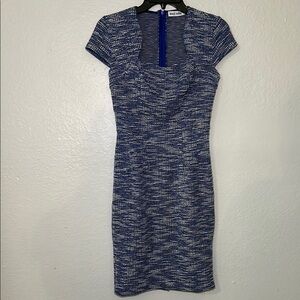 Halston Heritage Blue Sheath Dress with Square Neck and Cap Sleeves